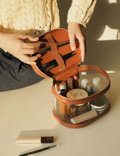 Travel Makeup Case Clear Vanity Bag with Brush Holder (Brown / Train Case)