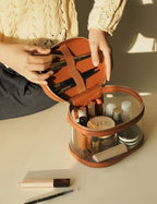 Travel Makeup Case Clear Vanity Bag with Brush Holder (Brown / Train Case)