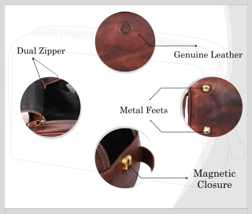 10" Premium Leather Toiletry Travel Pouch With Waterproof Lining (Dark Brown)