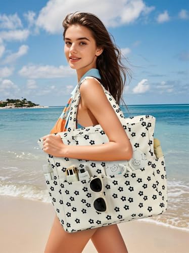 Waterproof Beach Tote Pool Bags for Women Ladies Extra Large Gym Tote Carry On Bag With Wet Compartment for Weekender Travel (Black Little Flower 95)