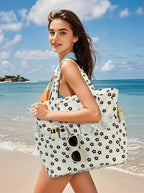 Waterproof Beach Tote Pool Bags for Women Ladies Extra Large Gym Tote Carry On Bag With Wet Compartment for Weekender Travel (Black Little Flower 95)