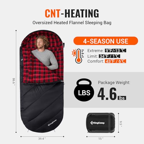 Heated Sleeping Bag for Adults (Black-Black Red)