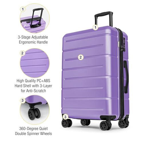 24 Inch Luggage TSA Approved Hardshell Suitcases with Spinner Wheels Durable PC+ABS Medium Checked Travel Luggage for Women Men Lt Purple (Lt Purple / Checked-Medium 24-Inch)