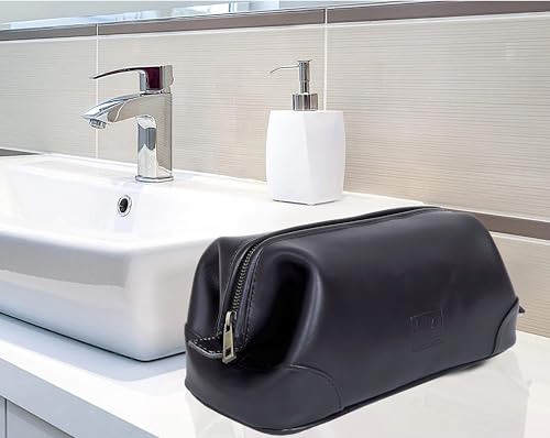 Leather Toiletry Bag for Men Best Gift Premium Genuine Dopp Kit Shaving Kit Organizer Travel Kit Pouch Bag 10 inch Size (Black)