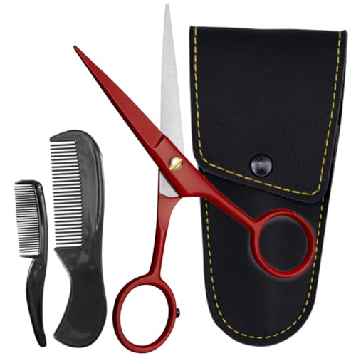 5" Beard & Mustache Scissor with Combs for Men (True Red)