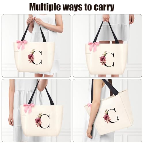 Tote Bag, A-Z Initial Monogrammed Waterproof Tote Bag, Bridesmaid Gifts for Women, Black and Pink (C, Beige) (Beige)