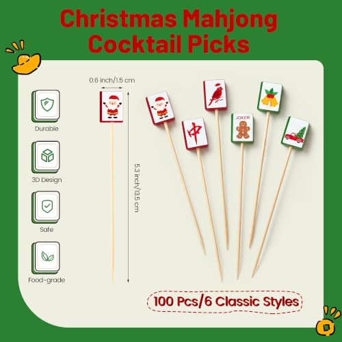 100 Pieces Christmas Mahjong Cocktail Picks Decorative Bamboo Cocktail Skewers 5.3 Inch Wooden Fruit Toothpicks for Christmas Game Night Appetizers Bar Drink Fruit Party Supplies (Christmas Mahjong)