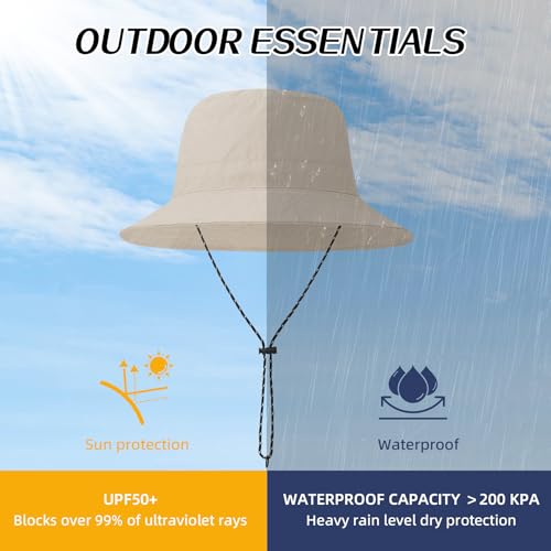 Waterproof Bucket Hats for Woman UPF 50+ Sun Hat Beige (Beige)