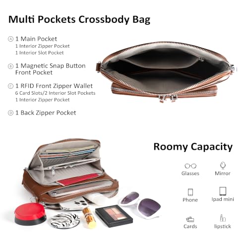 Genuine Leather Crossbody Bags for Women Travel Wallet Purse Brown (Cognac Brown)
