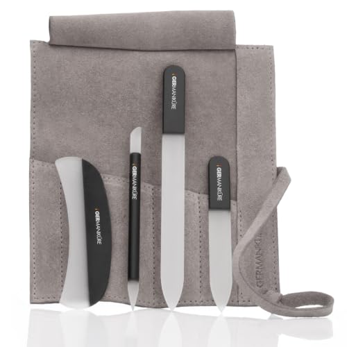Czech Black Crystal Glass Nail File Set (4-Pc: Nail File, Travel File, Moon File / Beige Suede Roll)