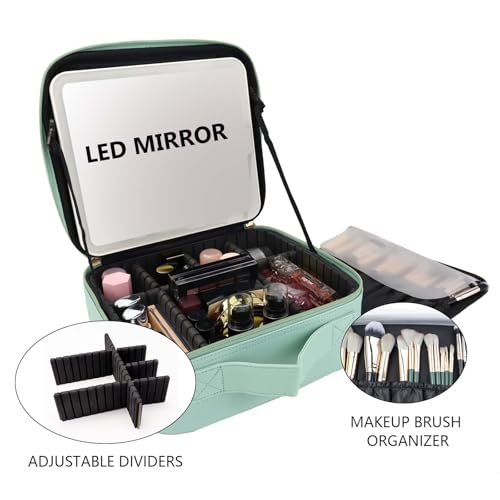 Travel Makeup Bag with LED Mirror Travel Makeup Organizer with 3 Lighted Settings (Light Green / With LED Mirror Only)