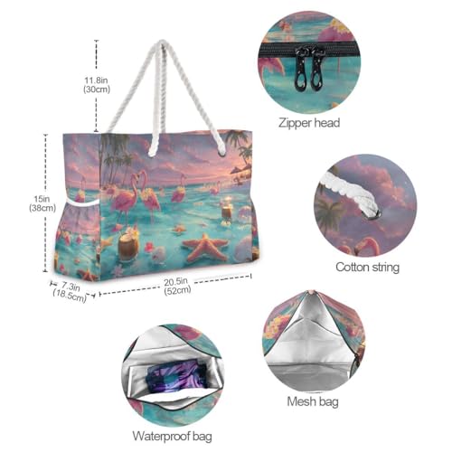 Large Beach Bags Totes Canvas Tote Shoulder Bag Soft Wave Water Resistant Bags for Gym Travel Daily Ocean (Hawaii Beach Two Flamingo)