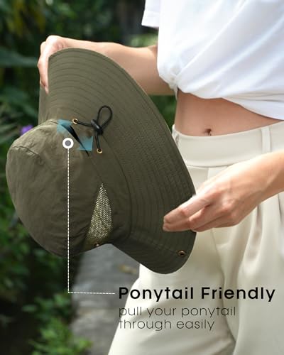 Womens Sun Hat with Ponytail Hole Beach Hiking Summer Wide Brim UPF 50+ Outdoor Protection Foldable Bucket Hat Green (Green)