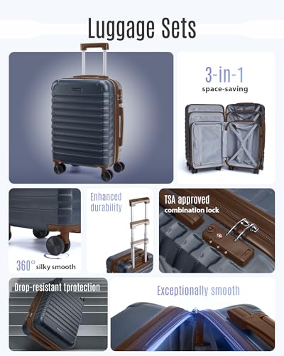 Luggage Sets 3 Pcs Suitcase with Wheels (Blue/Brown / 3-Piece Set-20 Inch/24 Inch/28 Inch)