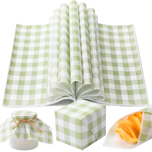 100 Pcs Green Checkered Wax Paper Sheets for Food Wrapping (Green, White / Green Checkered)