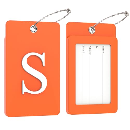 2 Pack Initial Luggage Tags for Suitcases Airplane Travel Essentials (Large S / Orange)