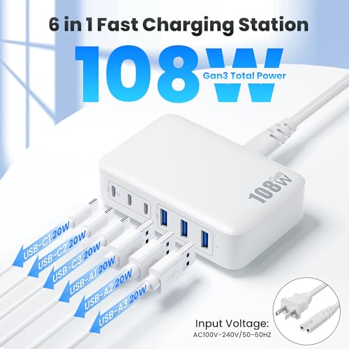 USB C Charger Block Charging Station (A-White / 108W)