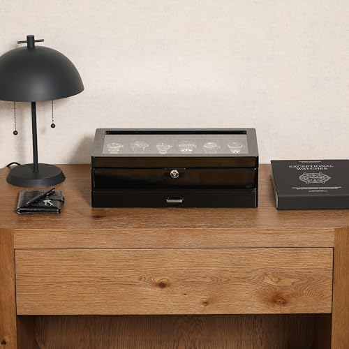 12 Slot Piano Black Watch Box with Valet Drawer (Piano Black / Black)