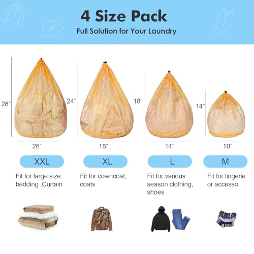4Pcs Mesh Laundry Bags Washing Machine Mesh Wash Bags for Clothes (Yellow / Pack 4 pcs)