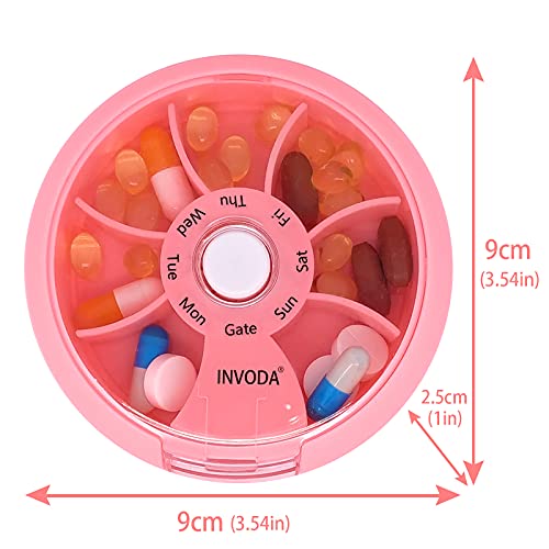 2PCS INVODA Weekly Pill Organizer 7 Compartment Rotating Pill Box for Daily (Pink+blue)