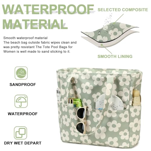 Waterproof Beach Tote Pool Bags for Women Ladies Extra Large Gym Tote Carry On Bag With Wet Compartment for Weekender Travel (Flower 157 Green Gray)