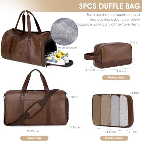 3PCS Faux Leather Weekender Bag for Women Men Travel Bag Overnight Bags (Coffee)