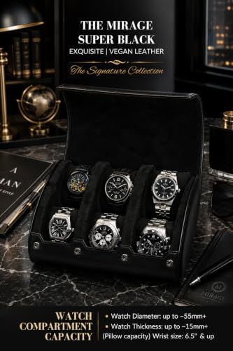 Watch Travel Case for Men Watch Roll for Travel Organizer and Display Watch Case (6-Slots / Black Black)