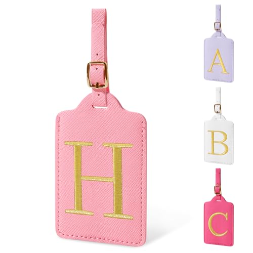 Personalized Initial Luggage Tags for Suitcase (Pink Leather,glod Letter / H)