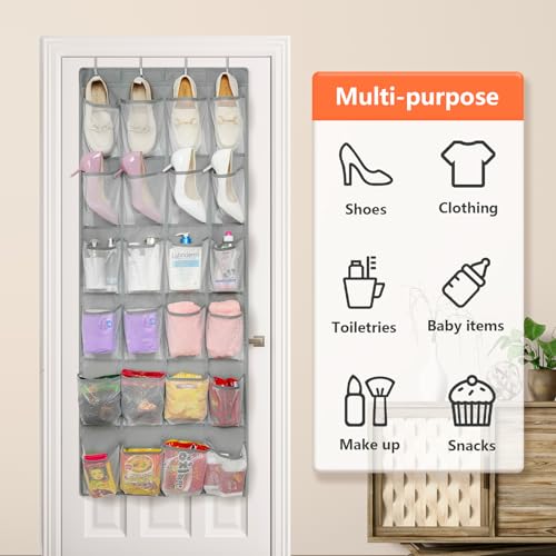 2 Pack Over the Door Shoe Organizer Hanging Shoe Organizer for Closet (2 Pack 24-Pockets Grey)