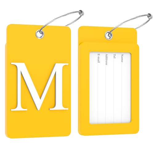 2 Pack Initial Luggage Tags for Suitcases Airplane Travel Essentials (Large M / Yellow)