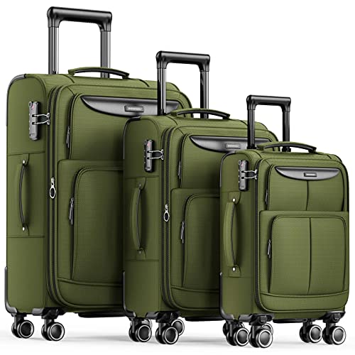 Luggage Sets 3 Piece Softside Expandable Durable Suitcase Sets (Olive Green / 20in24in28in)