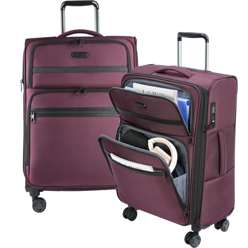 Softside Expandable checked Luggage with Front Business Pockets (Burgundy-24 / 24 inch)