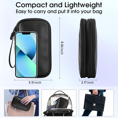 PU Leather Cable Organizer Double Layer Travel Pouch (Black / M)