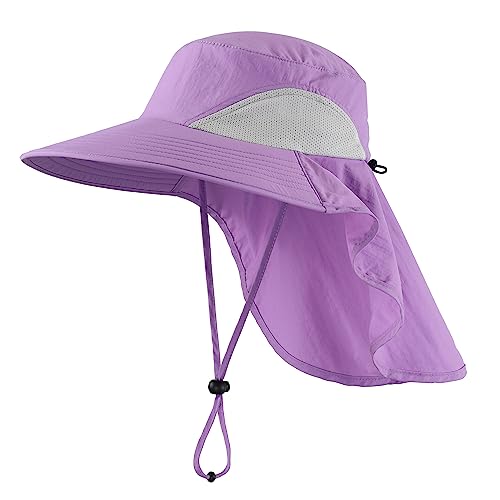 Outdoor UPF50+ Sun Hat Wide Brim Mesh Fishing Hat with Neck Flap (Large-X-Large / Purple)