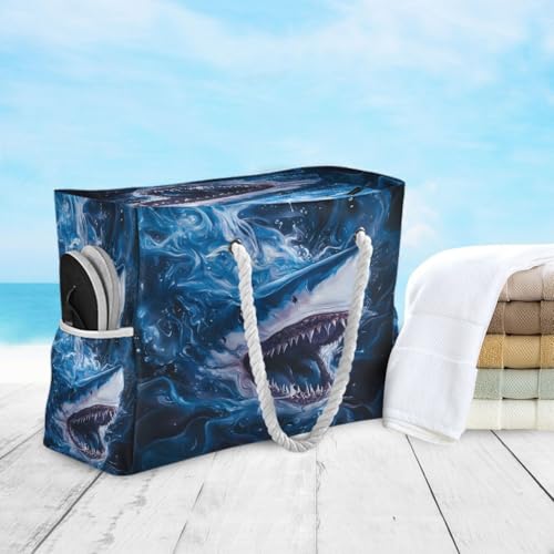 Large Beach Bags Totes Canvas Tote Shoulder Bag Soft Wave Water Resistant Bags for Gym Travel Daily Ocean (Sharks in the Water)