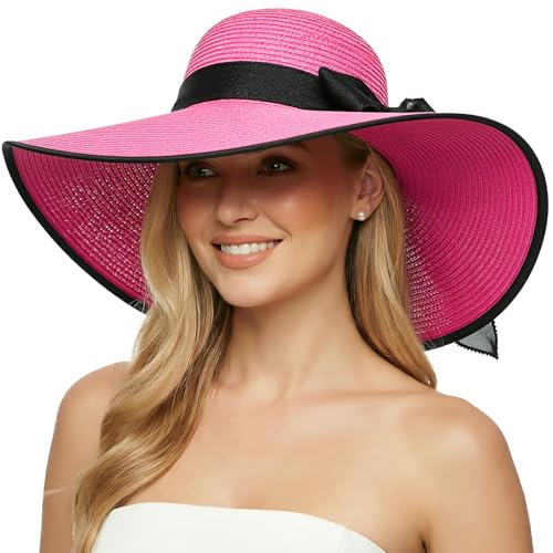 Womens Bowknot Straw Hat Foldable Beach Sun Hat Roll up UPF 50+ (Big Bow / Deep Pink 5.9" Brim, 1 Pack)