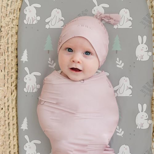 Stretch Fitted Bassinet Sheet Set BROLEX 2 Pack Cradle Sheets for Bassinet Pad (Pink-bellied Rabbit / 32x16 Inch)