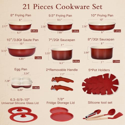21PCS Pots and Pans Set Nonstick Cookware Set with Detachable Handle (Red Black Gradient / 21PCS)
