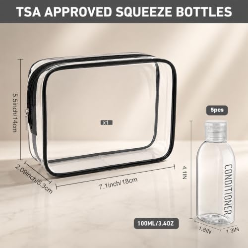 Travel Bottles for Toiletries 5 PCS 3.4oz Plastic Bottles with Clear Bag (Clear with bag)