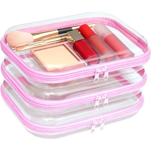 3PCS Clear Hard Plastic Zipper Case (3PCS-M-Pink)