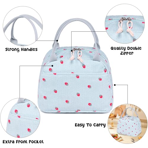 Lunch Bag for Women Men Cute Corduroy Lunch Tote Bags Reusable Insulated Lunch Box Large Capacity Reusable Insulated Cooler for Work Picnic or Travel (Blue Strawberry / 10L)
