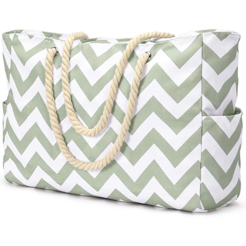Beach Bags for Women Large Waterproof Beach Tote Bag Zipper Beach Bags Waterproof Sandproof Swim Pool Bag Large Tote (Light Green Wave)