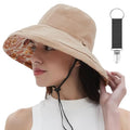 Womens Sun Hats Wide Brim Reversible Bucket Cotton Hat Packable Summer Travel Cap with Hat Clip (Medium / Khaki)