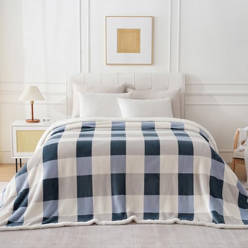 Sherpa Throw Blanket Reversible Large Big King Size Flannel Blankets for Bed (Grey-blue / 90"*108")