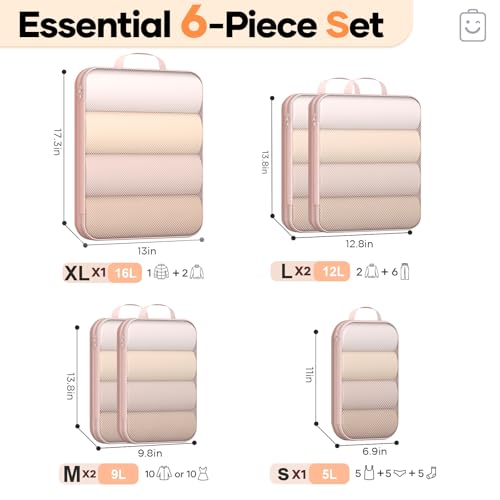 6/9/11 Set Compression Packing Cubes for Travel Essentials,Compressible Expandable Large Luggage Suitcase Organizer Bags for Clothing,Space Saver Bags with Over 1000 pcs of Mesh Holes(Beige) (Beige / 6 set)