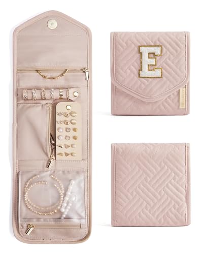 Travel Jewelry Organizer Case E Initial Jewelry Roll (Small / Pink-E)