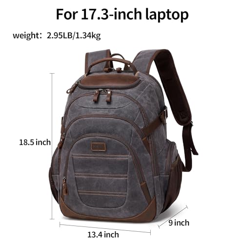 Travel Laptop Backpack 17.3 inch XL Computer Backpack for Men Waxed Canvas College Daypack Business Backpack Black Gray (Black Gray)