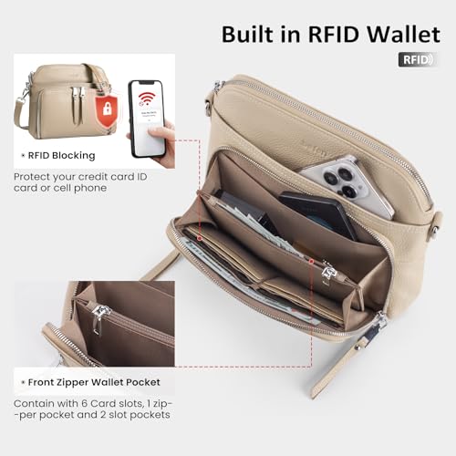 Genuine Leather Crossbody Bags for Women Travel Wallet Purse (Light Apricot)