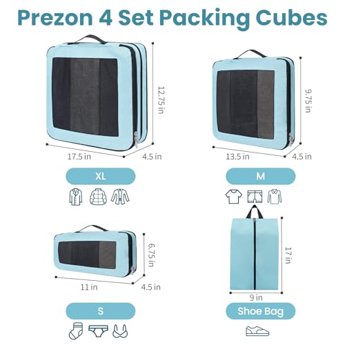 Compression Packing Cubes for Travel (Mint Blue / 4 set-Square Mesh)
