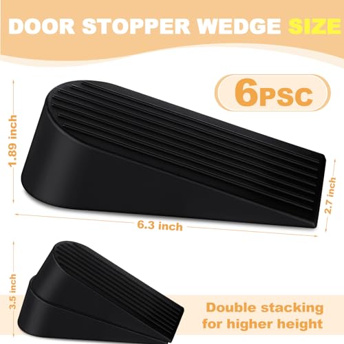 6 Pack Large Door Stoppers Heavy Duty Rubber Stopper for Bottom of Door Wedge Stopper for Home Office (Black)